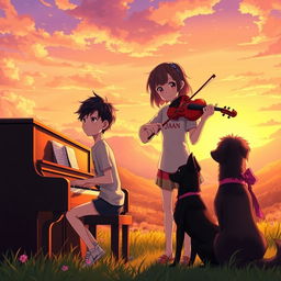 An enchanting anime scene featuring a boy with black hair wearing a shirt that says 'Jhan', playing the piano in a tranquil valley during sunset