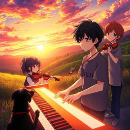 An enchanting anime scene featuring a boy with black hair wearing a shirt that says 'Jhan', playing the piano in a tranquil valley during sunset