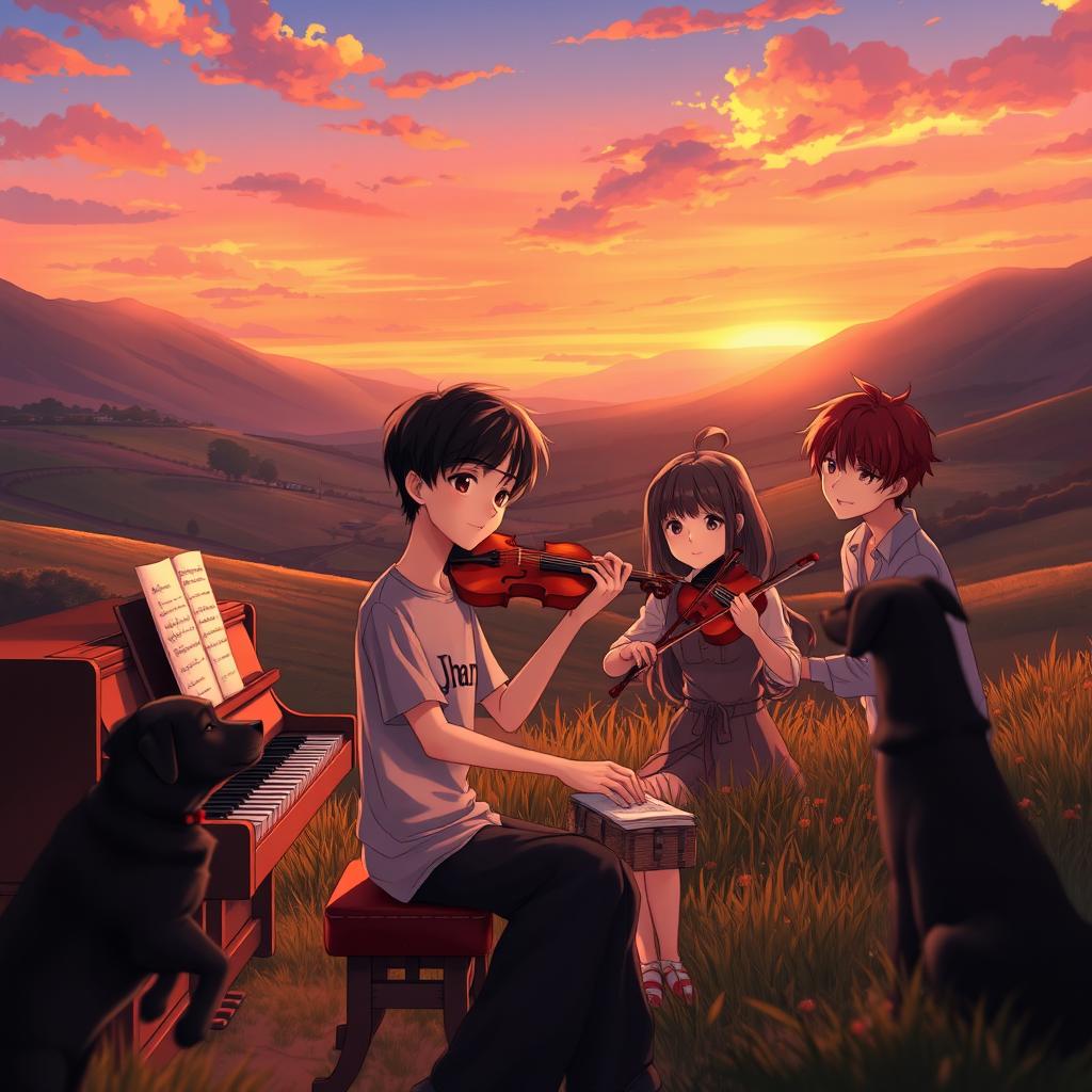 An enchanting anime scene featuring a boy with black hair wearing a shirt that says 'Jhan', playing the piano in a tranquil valley during sunset