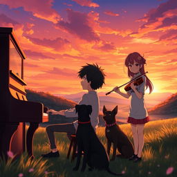 An enchanting anime scene featuring a boy with black hair wearing a shirt that says 'Jhan', playing the piano in a tranquil valley during sunset