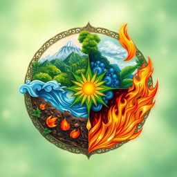 An artistic representation of the four elements: earth, water, air, and fire, portrayed through intricate designs that highlight their unique characteristics