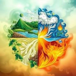 An artistic representation of the four elements: earth, water, air, and fire, portrayed through intricate designs that highlight their unique characteristics