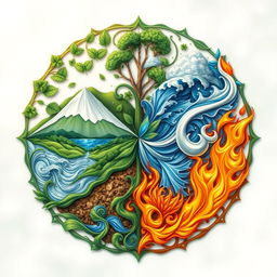 An artistic representation of the four elements: earth, water, air, and fire, portrayed through intricate designs that highlight their unique characteristics