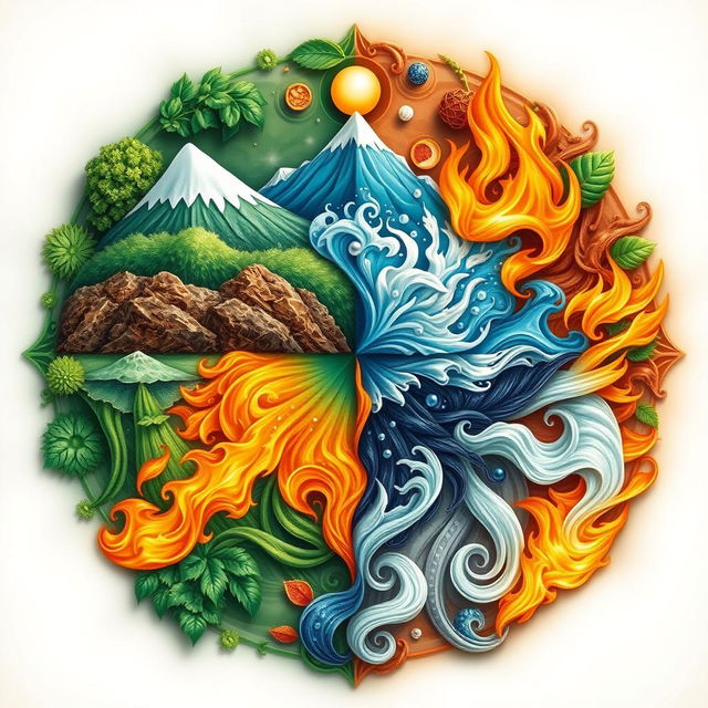 An artistic representation of the four elements: earth, water, air, and fire, portrayed through intricate designs that highlight their unique characteristics