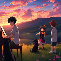 An idyllic anime scene featuring a boy with black hair wearing a shirt that says 'Jhan', energetically playing the piano in a serene valley during sunset
