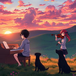 An idyllic anime scene featuring a boy with black hair wearing a shirt that says 'Jhan', energetically playing the piano in a serene valley during sunset