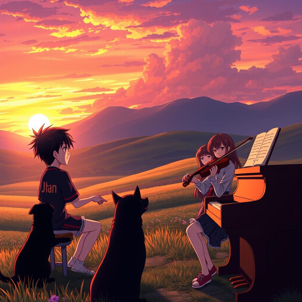 An idyllic anime scene featuring a boy with black hair wearing a shirt that says 'Jhan', energetically playing the piano in a serene valley during sunset