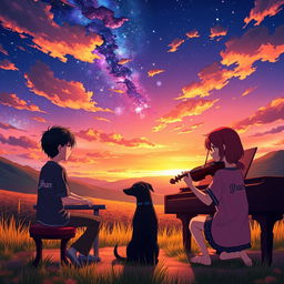 An enchanting anime scene set in a serene valley during sunset, featuring a boy with black hair playing the piano while wearing a shirt that says 'Jhan'