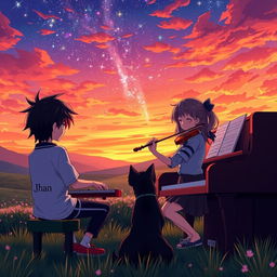 An enchanting anime scene set in a serene valley during sunset, featuring a boy with black hair playing the piano while wearing a shirt that says 'Jhan'