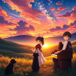 An enchanting anime scene set in a serene valley during sunset, featuring a boy with black hair playing the piano while wearing a shirt that says 'Jhan'
