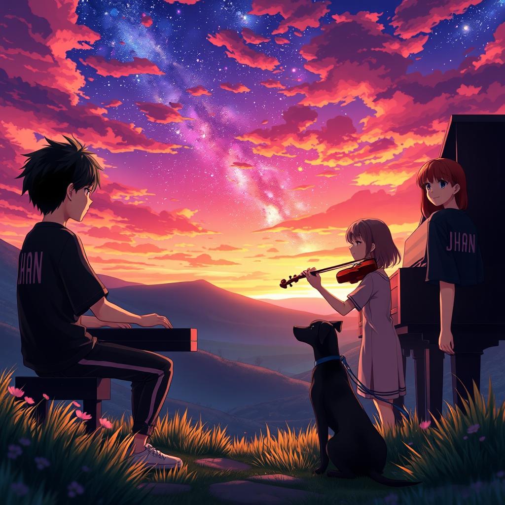 An enchanting anime scene set in a serene valley during sunset, featuring a boy with black hair playing the piano while wearing a shirt that says 'Jhan'