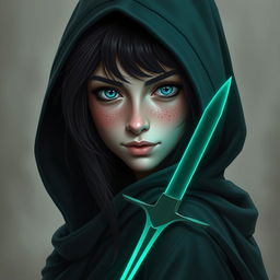 A captivating half-elf woman with soft, delicate features and charming freckles scattered across her small nose