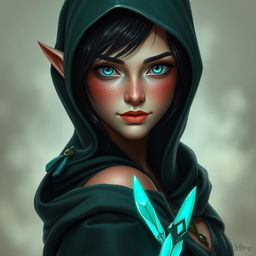 A captivating half-elf woman with soft, delicate features and charming freckles scattered across her small nose