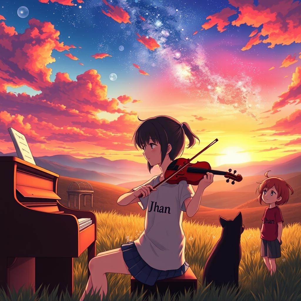 A captivating anime scene set in a serene valley during a vibrant sunset, where a boy with black hair wearing a shirt that says 'Jhan' passionately plays the piano