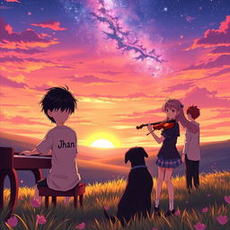 A captivating anime scene set in a serene valley during a vibrant sunset, where a boy with black hair wearing a shirt that says 'Jhan' passionately plays the piano