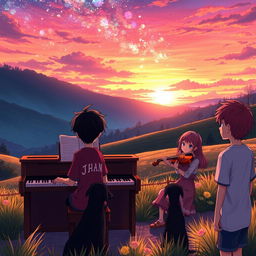 A captivating anime scene set in a serene valley during a vibrant sunset, where a boy with black hair wearing a shirt that says 'Jhan' passionately plays the piano
