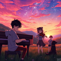 A captivating anime scene set in a serene valley during a vibrant sunset, where a boy with black hair wearing a shirt that says 'Jhan' passionately plays the piano