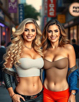 Two sexy and confident American bimbo lesbians, one with glamorous blonde hair and the other with striking brunette hair, both aged 40 and proudly showcasing their enormous silicone breasts