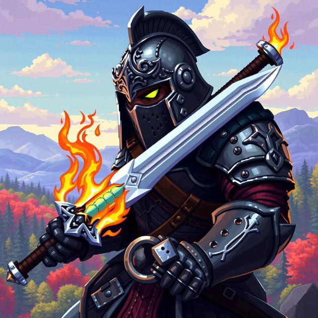 A pixel art depiction of a fierce warrior, equipped with a detailed helmet adorned with intricate designs, a robust suit of armor featuring reflective metal textures, wielding a magnificent sword with an ornate hilt