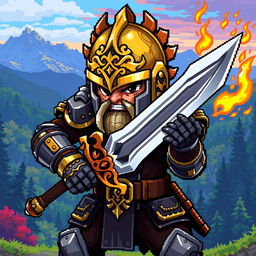 A pixel art depiction of a fierce warrior, equipped with a detailed helmet adorned with intricate designs, a robust suit of armor featuring reflective metal textures, wielding a magnificent sword with an ornate hilt