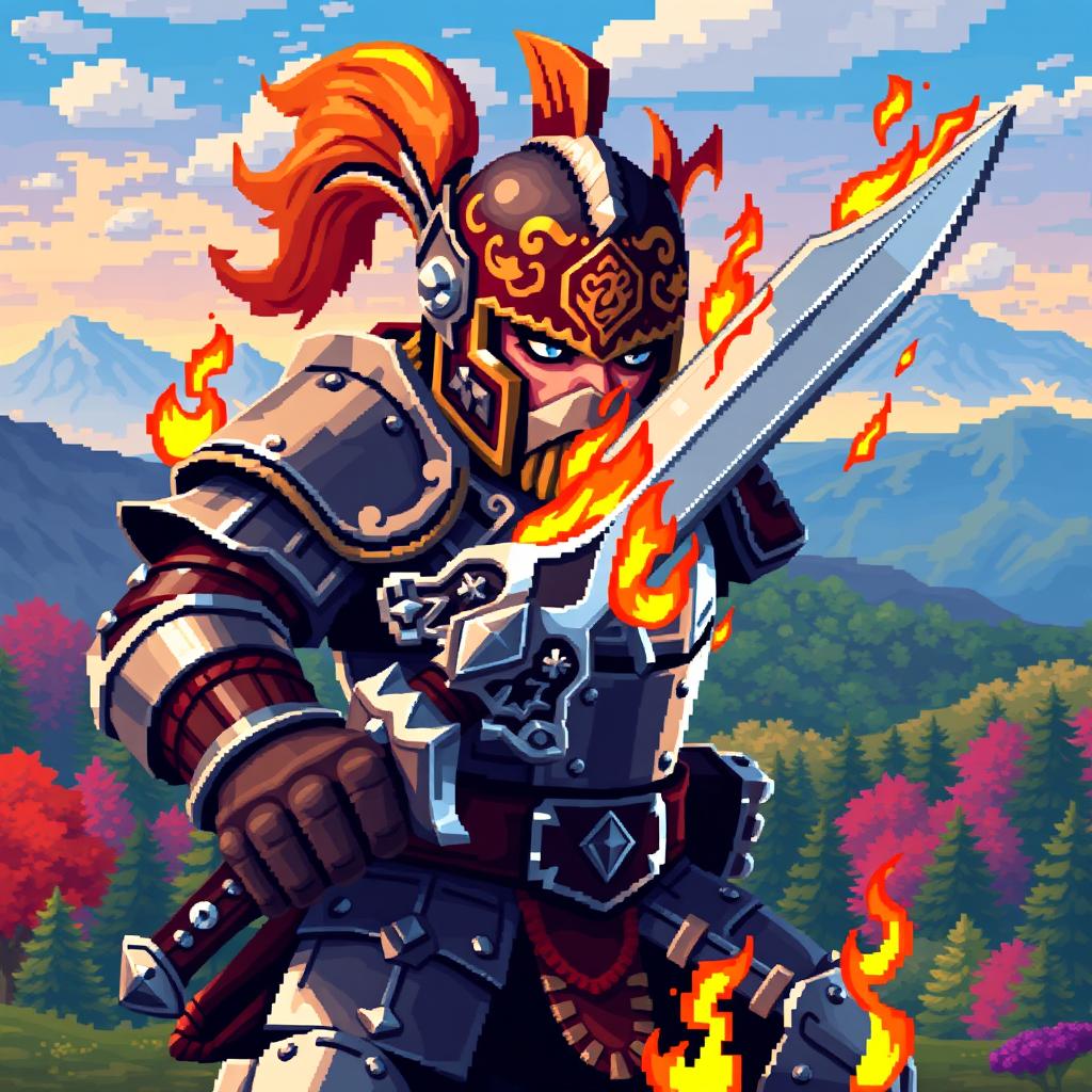 A pixel art depiction of a fierce warrior, equipped with a detailed helmet adorned with intricate designs, a robust suit of armor featuring reflective metal textures, wielding a magnificent sword with an ornate hilt