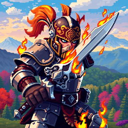 A pixel art depiction of a fierce warrior, equipped with a detailed helmet adorned with intricate designs, a robust suit of armor featuring reflective metal textures, wielding a magnificent sword with an ornate hilt