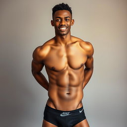 A striking portrait of an 18-year-old Black male model showcasing his toned physique, wearing stylish black Nike underwear