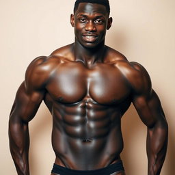 A striking portrait of an 18-year-old Black male model showcasing his toned physique, wearing stylish black Nike underwear