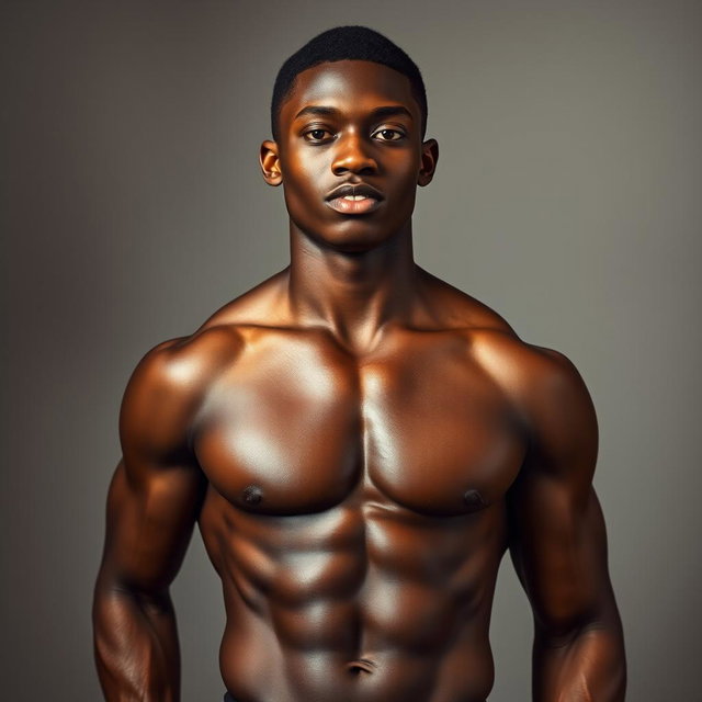 A striking portrait of an 18-year-old Black male model showcasing his toned physique, wearing stylish black Nike underwear