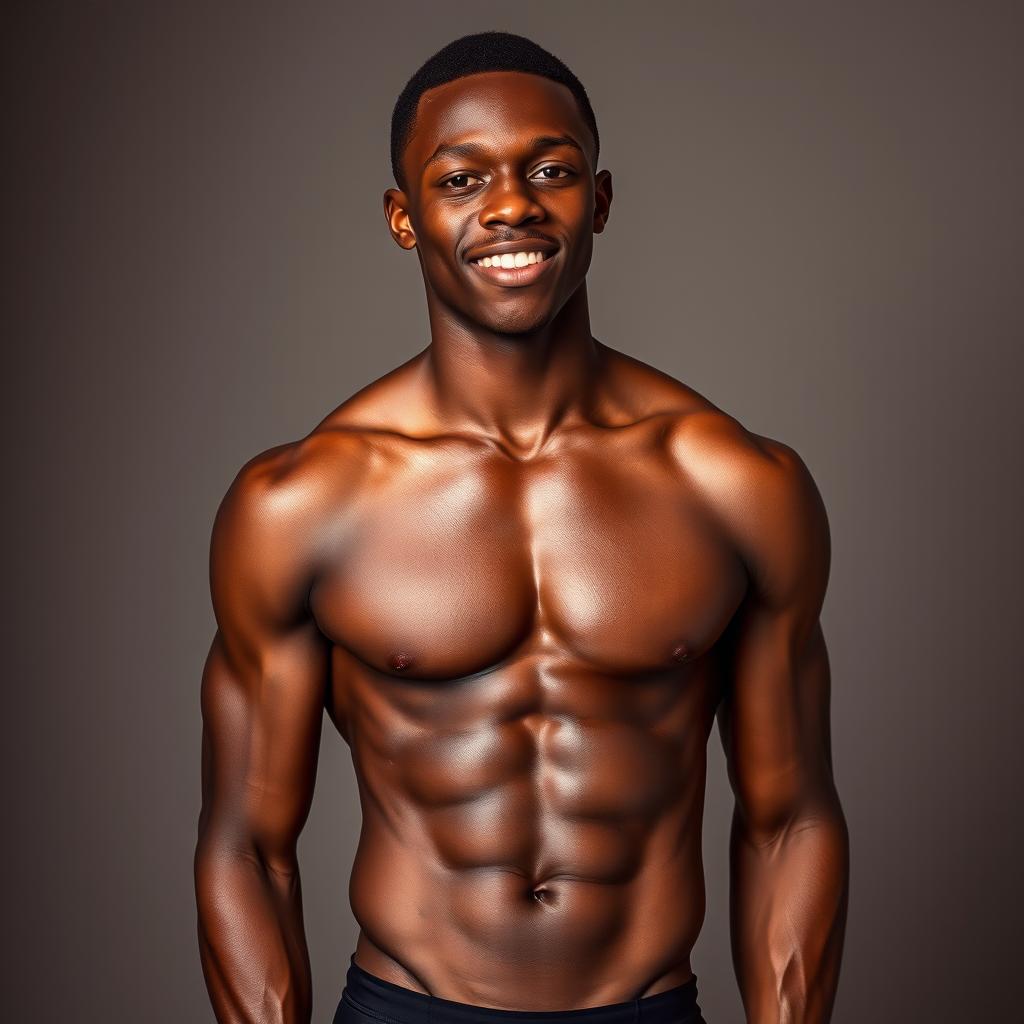 A striking portrait of an 18-year-old Black male model showcasing his toned physique, wearing stylish black Nike underwear