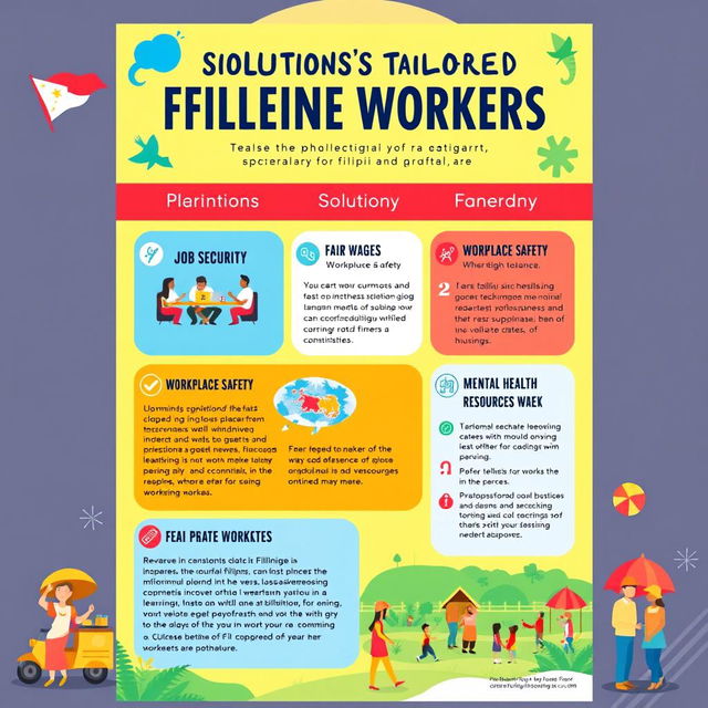 A vibrant and informative poster that showcases solutions tailored specifically for Filipino workers