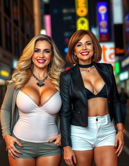 Two sexy and confident American bimbo lesbians, one with striking blonde hair and the other with captivating brunette hair, both aged 50, proudly showcasing their enormous silicone breasts