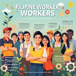 A visually engaging poster aimed at Filipino workers, showcasing various solutions to their common problems