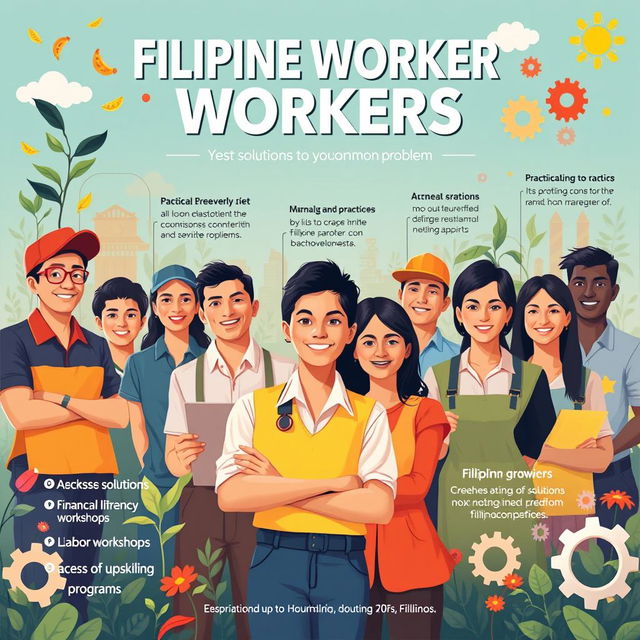 A visually engaging poster aimed at Filipino workers, showcasing various solutions to their common problems