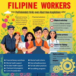 A visually engaging poster aimed at Filipino workers, showcasing various solutions to their common problems
