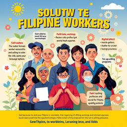 A visually engaging poster aimed at Filipino workers, showcasing various solutions to their common problems