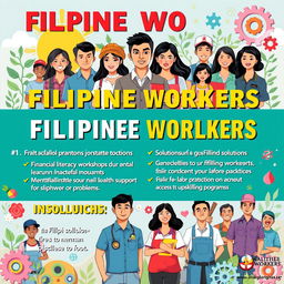 A visually engaging poster aimed at Filipino workers, showcasing various solutions to their common problems