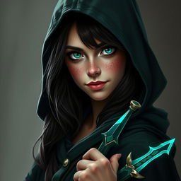 A full-body portrait of a half-elf woman standing confidently