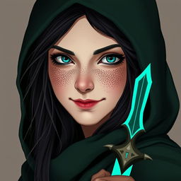 A full-body portrait of a half-elf woman standing confidently
