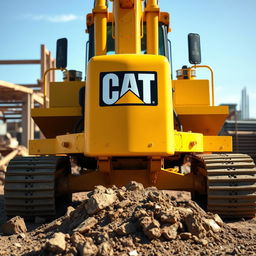 A detailed front view of a Caterpillar construction vehicle, showcasing its robust design and bright yellow color