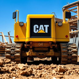 A detailed front view of a Caterpillar construction vehicle, showcasing its robust design and bright yellow color