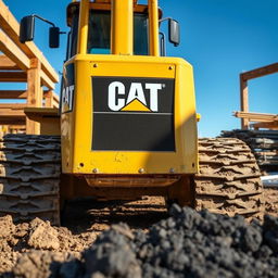 A detailed front view of a Caterpillar construction vehicle, showcasing its robust design and bright yellow color