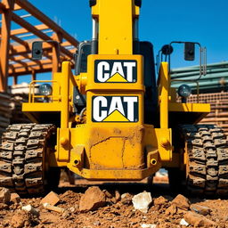 A detailed front view of a Caterpillar construction vehicle, showcasing its robust design and bright yellow color