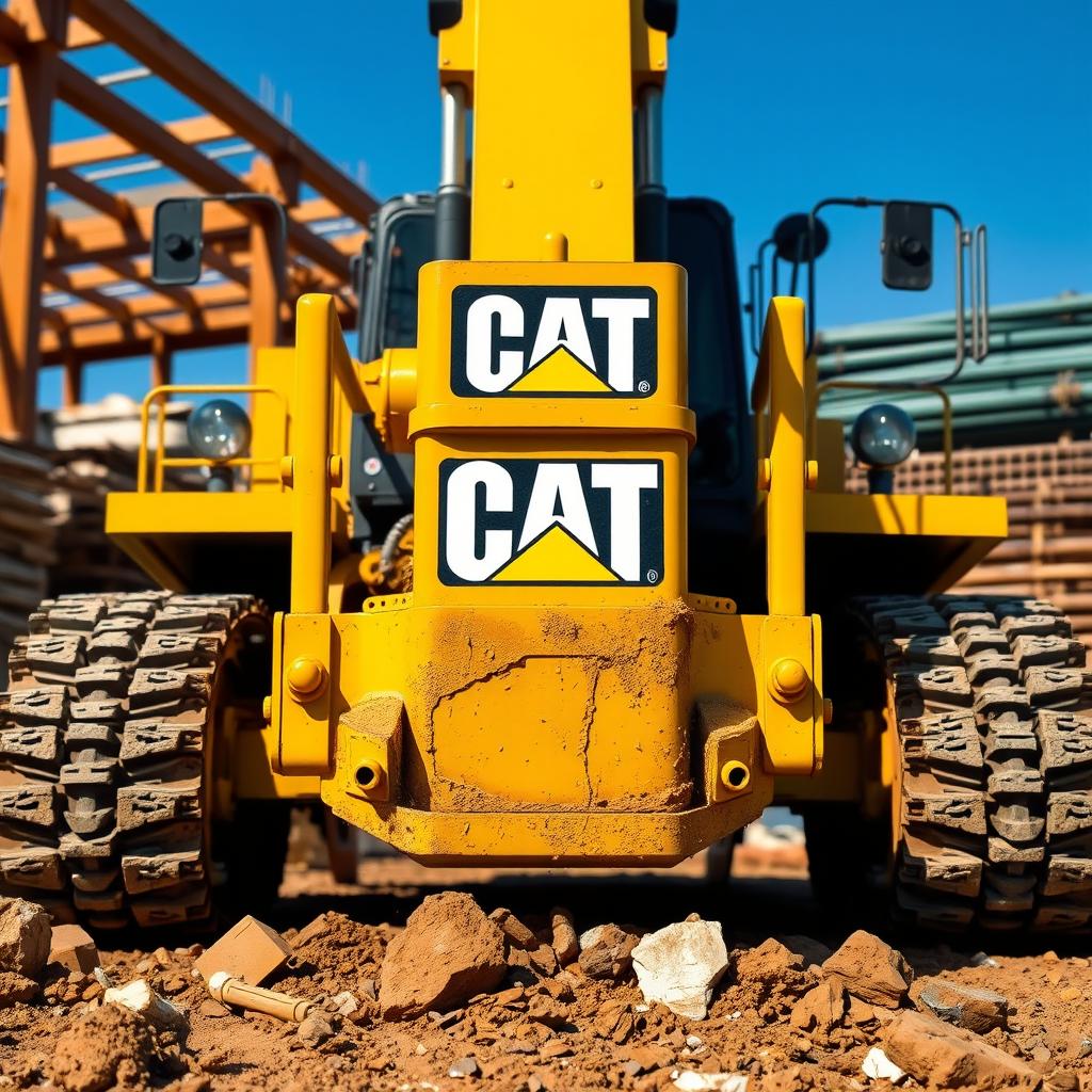 A detailed front view of a Caterpillar construction vehicle, showcasing its robust design and bright yellow color