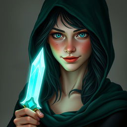 A full-body portrait of a half-elf woman exuding confidence and charm