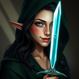 A full-body portrait of a half-elf woman exuding confidence and charm