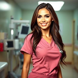 A sexy brunette nurse in a well-fitted, stylish nurse uniform, standing confidently with a playful smile