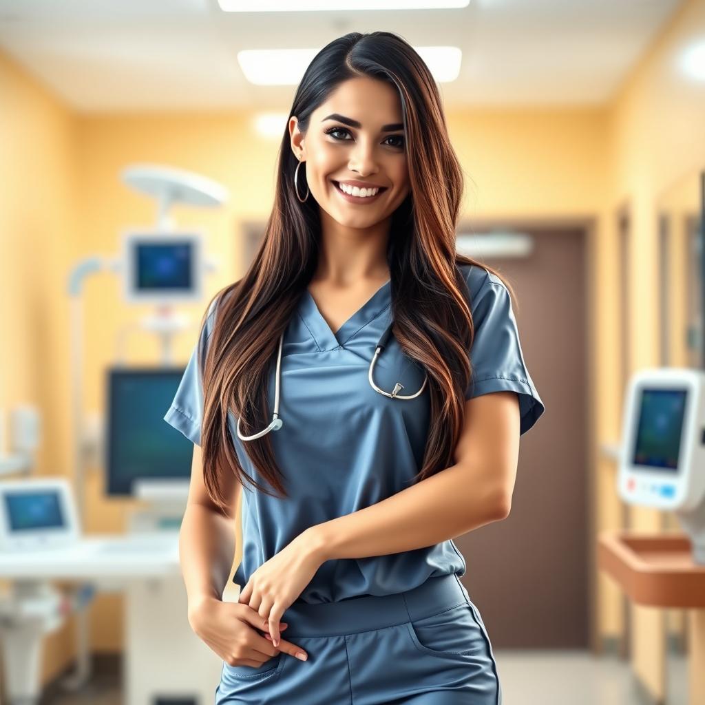 A sexy brunette nurse in a well-fitted, stylish nurse uniform, standing confidently with a playful smile