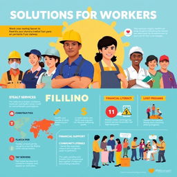 A vibrant and informative poster showcasing solutions for Filipino workers, featuring diverse individuals representing various professions such as construction workers, nurses, teachers, and technicians