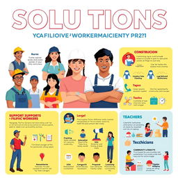 A vibrant and informative poster showcasing solutions for Filipino workers, featuring diverse individuals representing various professions such as construction workers, nurses, teachers, and technicians
